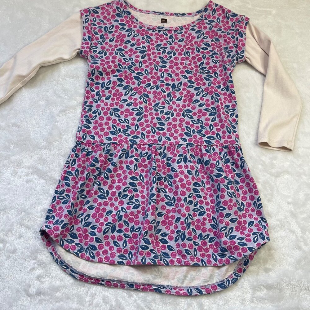 Tea Collection Floral Knit Dress Girls 6 Cotton Faux Layered Long‎ Sleeves FLAW - Picture 6 of 9